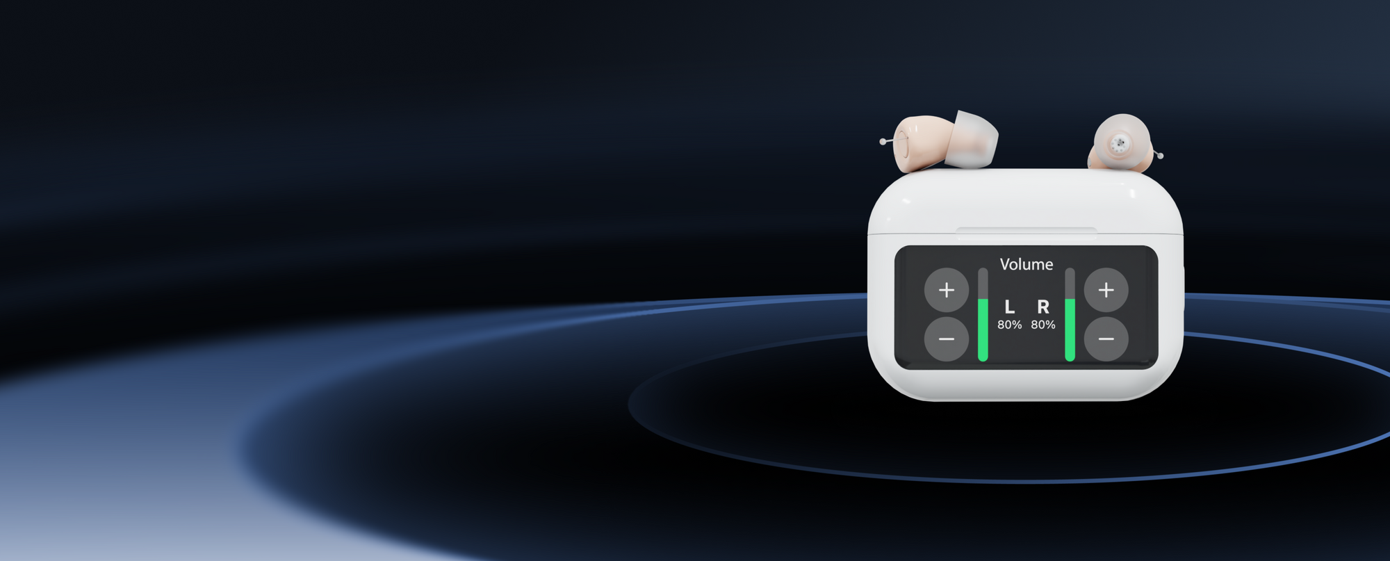 Small white device with volume control buttons on a dark background