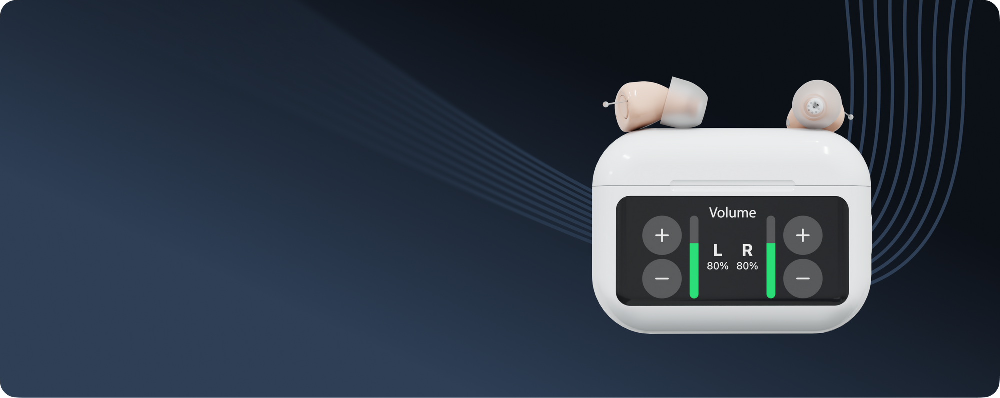 White electronic device with volume control on a dark blue background