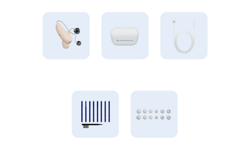 A set of five light blue square cards displaying components of a hearing aid kit, including the hearing aid itself, its charging case, a cable, a battery or sensor strip, and a row of small ear tips, arranged on a plain white background.